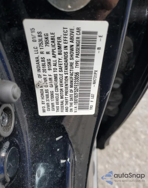 2015 Honda Civic Lx z USA, uszkodzony, nr VIN 19XFB2F52FE233056